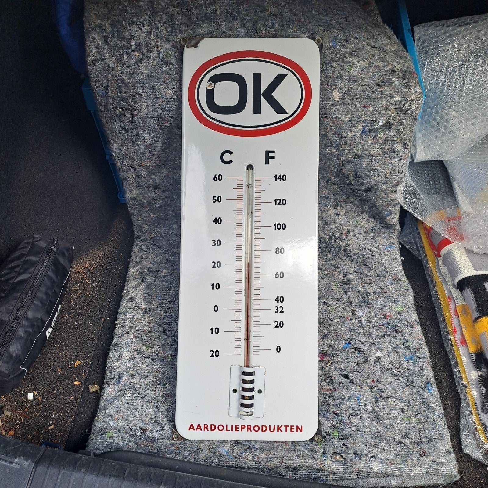 ok aardolieprodukten emaille reclamebord thermometer 58x21cm, Ophalen of Verzenden, Gebruikt, Reclamebord