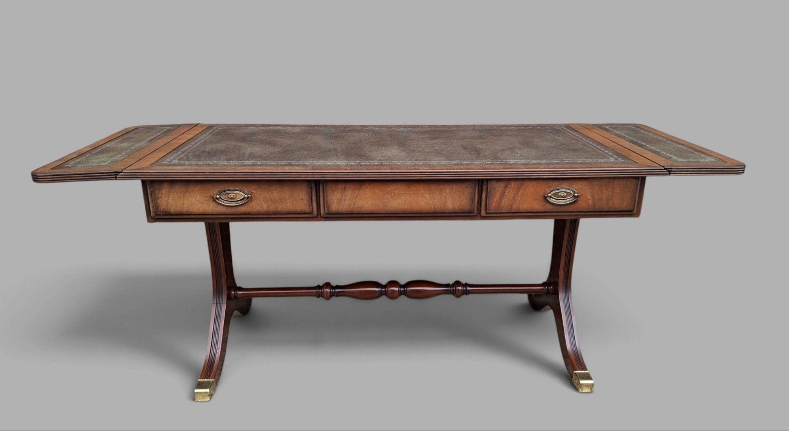 Klassieke empire stijl salontafel met lederen inleg, Ophalen of Verzenden, Rechthoekig, 100 tot 150 cm, 50 tot 100 cm