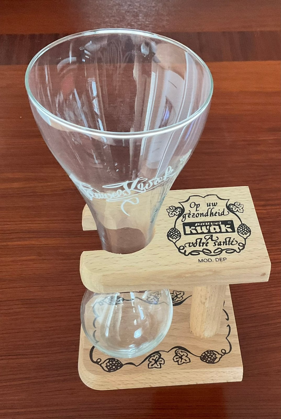 Kwakglas in houtenhouder - Pauwel Kwak bierglas, Ophalen, Zo goed als nieuw, Glas of Glazen, Overige merken