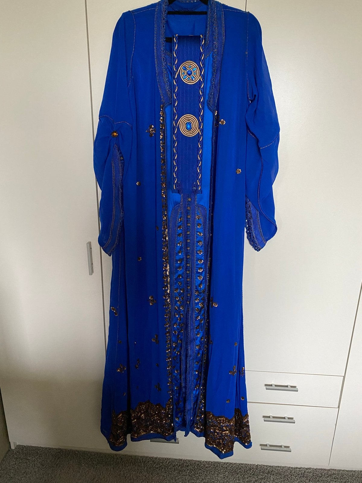 Prachtige Marokkaanse jurk (Tackshita) L-XXL met riem, Blauw, Maat 46/48 (XL) of groter, Ophalen of Verzenden, Gedragen
