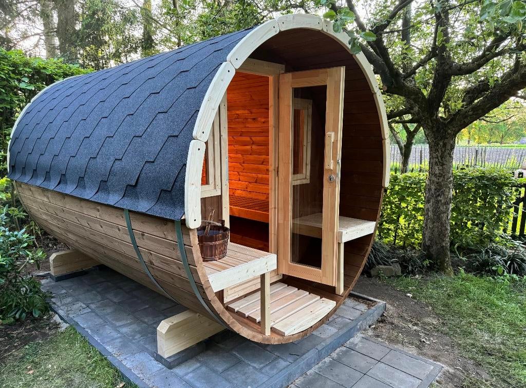 Thermowood sauna barrel inclusief electrisch of houtkachel, Info@inner-stillness.nl, Fins of Traditioneel, Ophalen of Verzenden