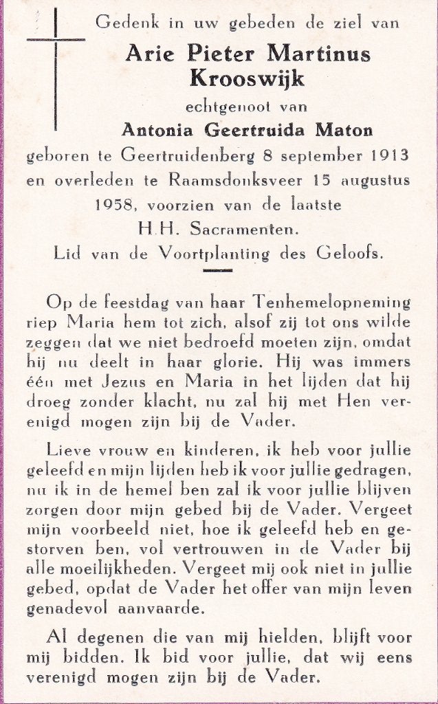 Krooswijk Arie 1913 Geertruidenberg 1958 Raamsdonkveer, Ophalen of Verzenden, Bidprentje