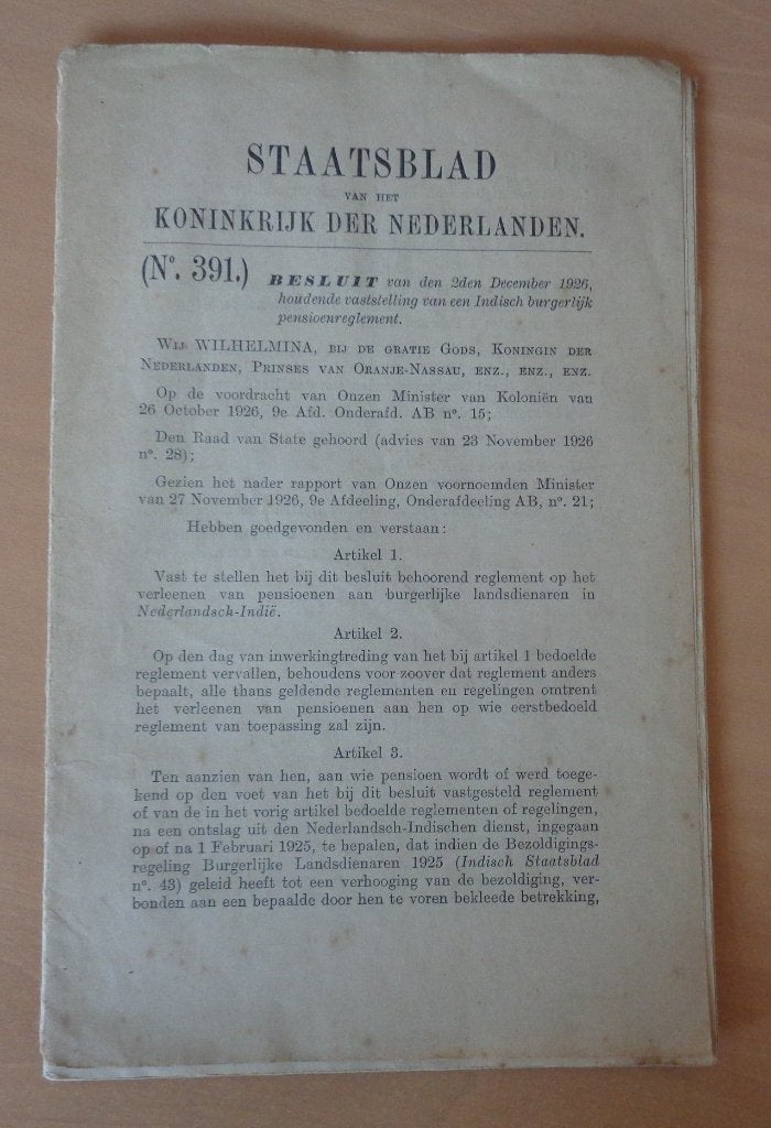 Staatsblad nummer 391 1926 pensioen Ned. Indië, Ophalen of Verzenden, Gelezen, Krant