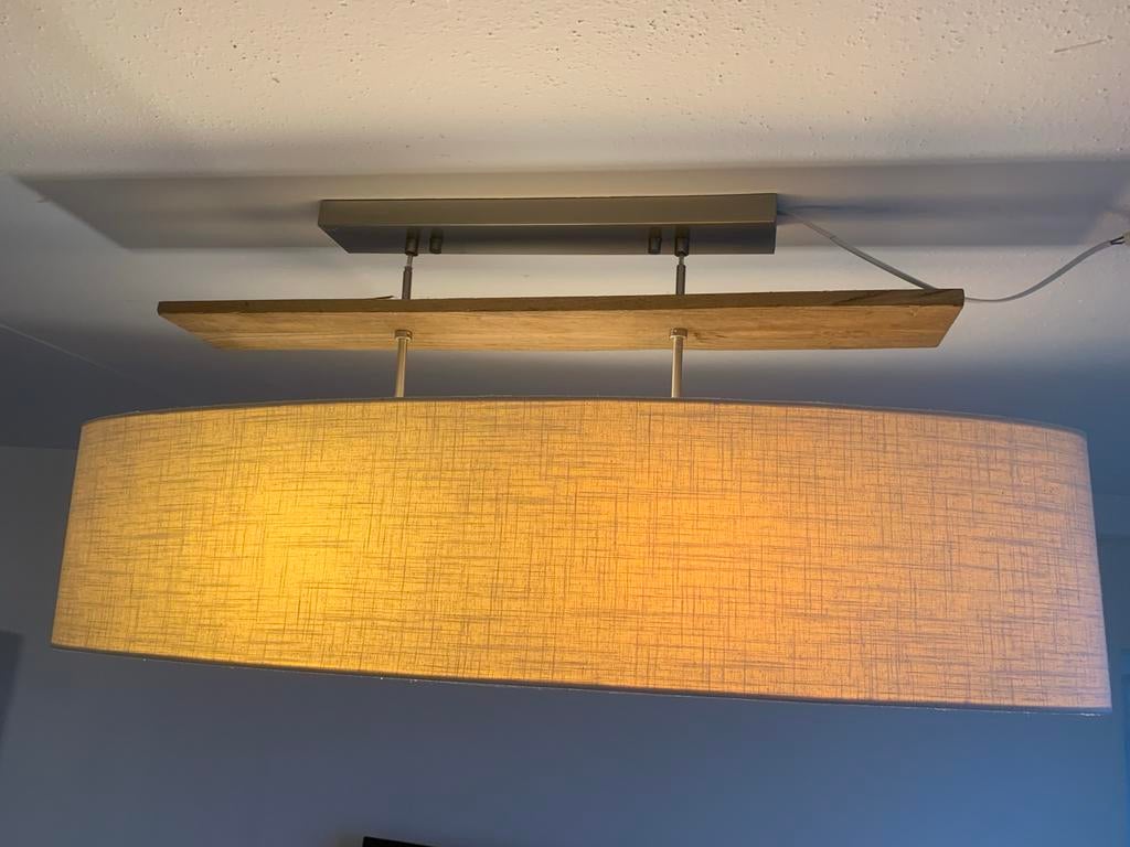 Moderne plafondlamp met stoffen kap en houten accent, Ophalen, Gebruikt