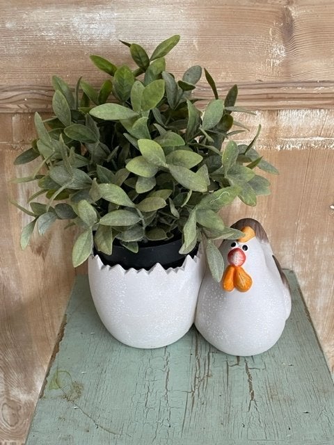 Bloempot met kip. Wit aardewerk. Leuk voor Pasen, Ophalen, Rond, Binnen, Zo goed als nieuw