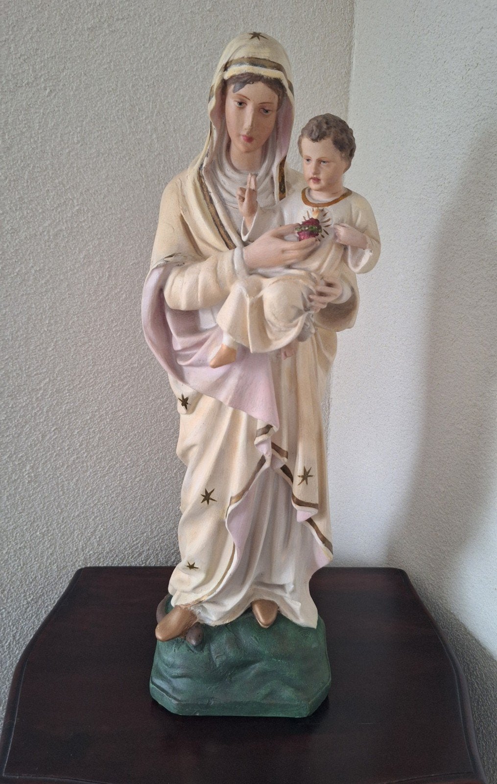 Antiek gipsen heilige Maria met kindje Jezus beeld, Ophalen of Verzenden