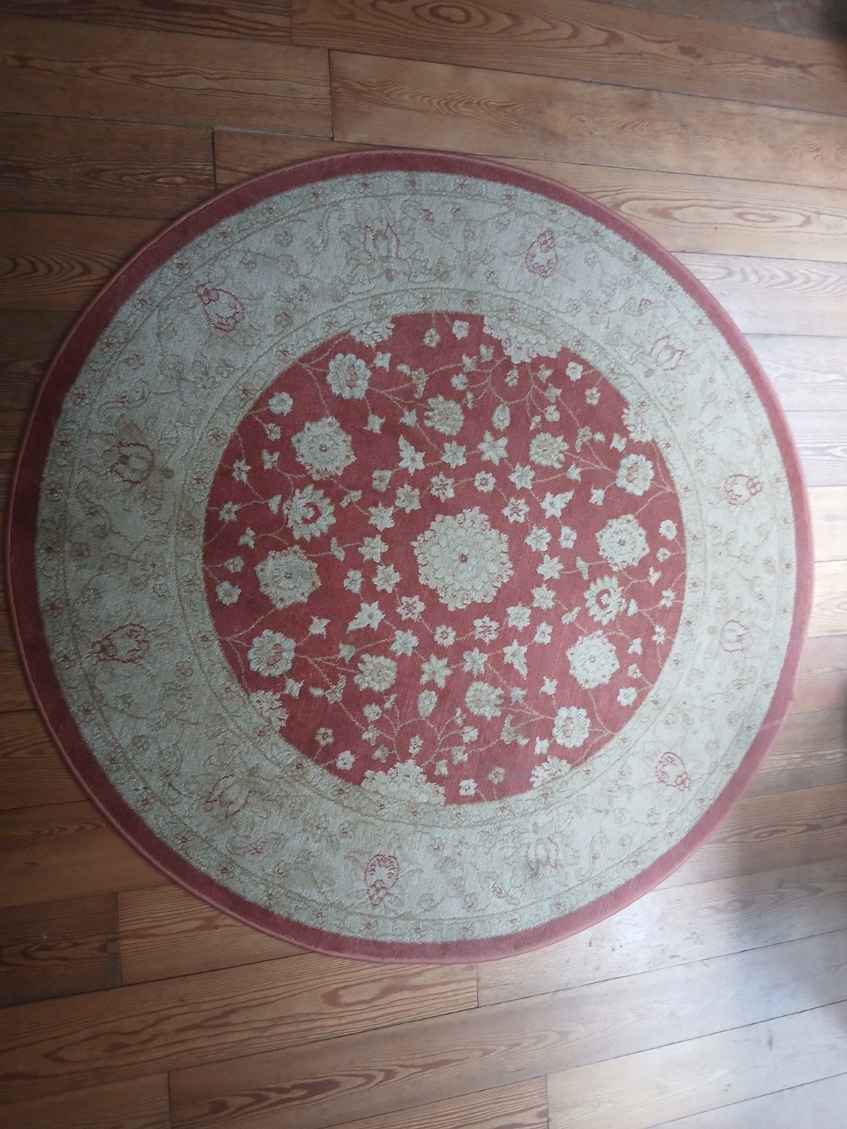 Rond vloerkleed 150 cm - Rood/Beige met bloemmotief, Ophalen of Verzenden