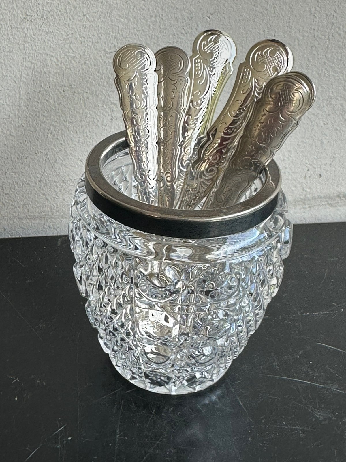 Oude Verzilverde biedermeier lepeltjes + lepelvaasje, Antiek en Kunst, Ophalen of Verzenden