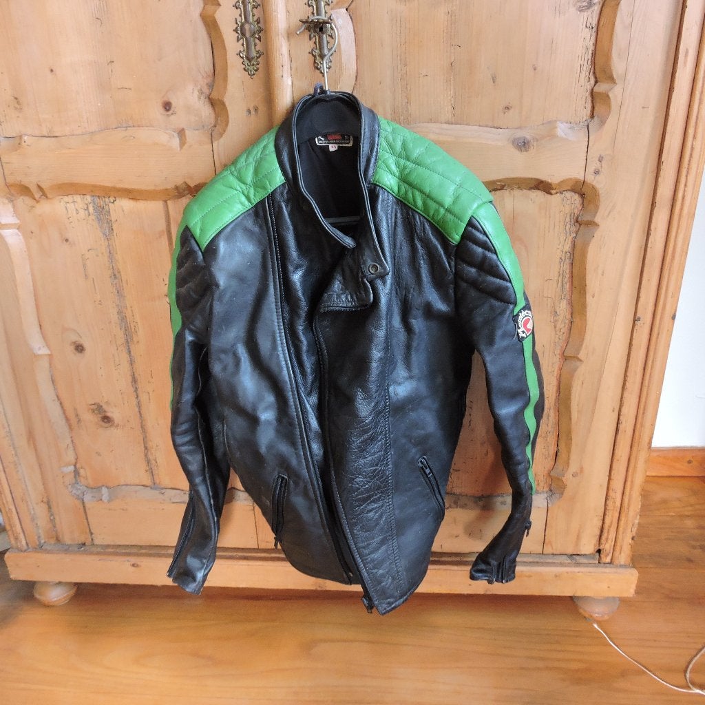 Vintage motorjack lederen jas Mototecnica zwart groen mt 48, Ophalen of Verzenden, Tweedehands, Jas | leer, Motorecnica