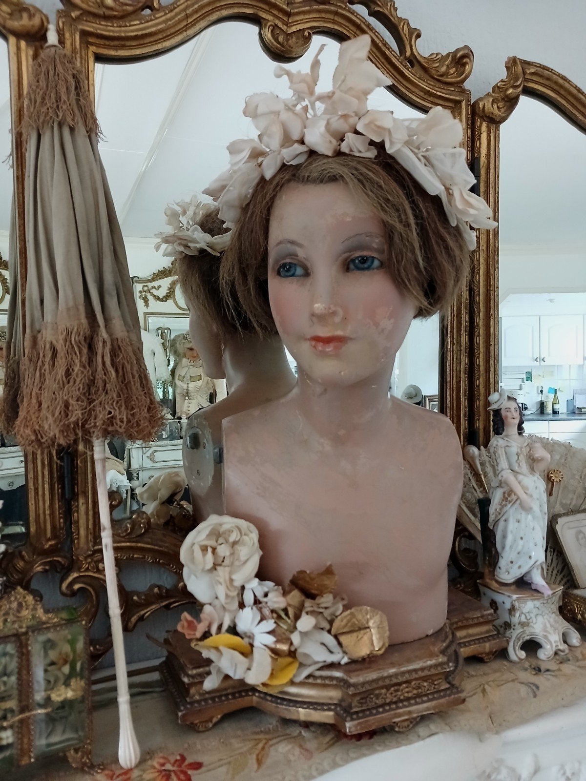 antieke buste/ etalagehoofd met glazen ogen..., Antiek en Kunst, Curiosa en Brocante, Verzenden