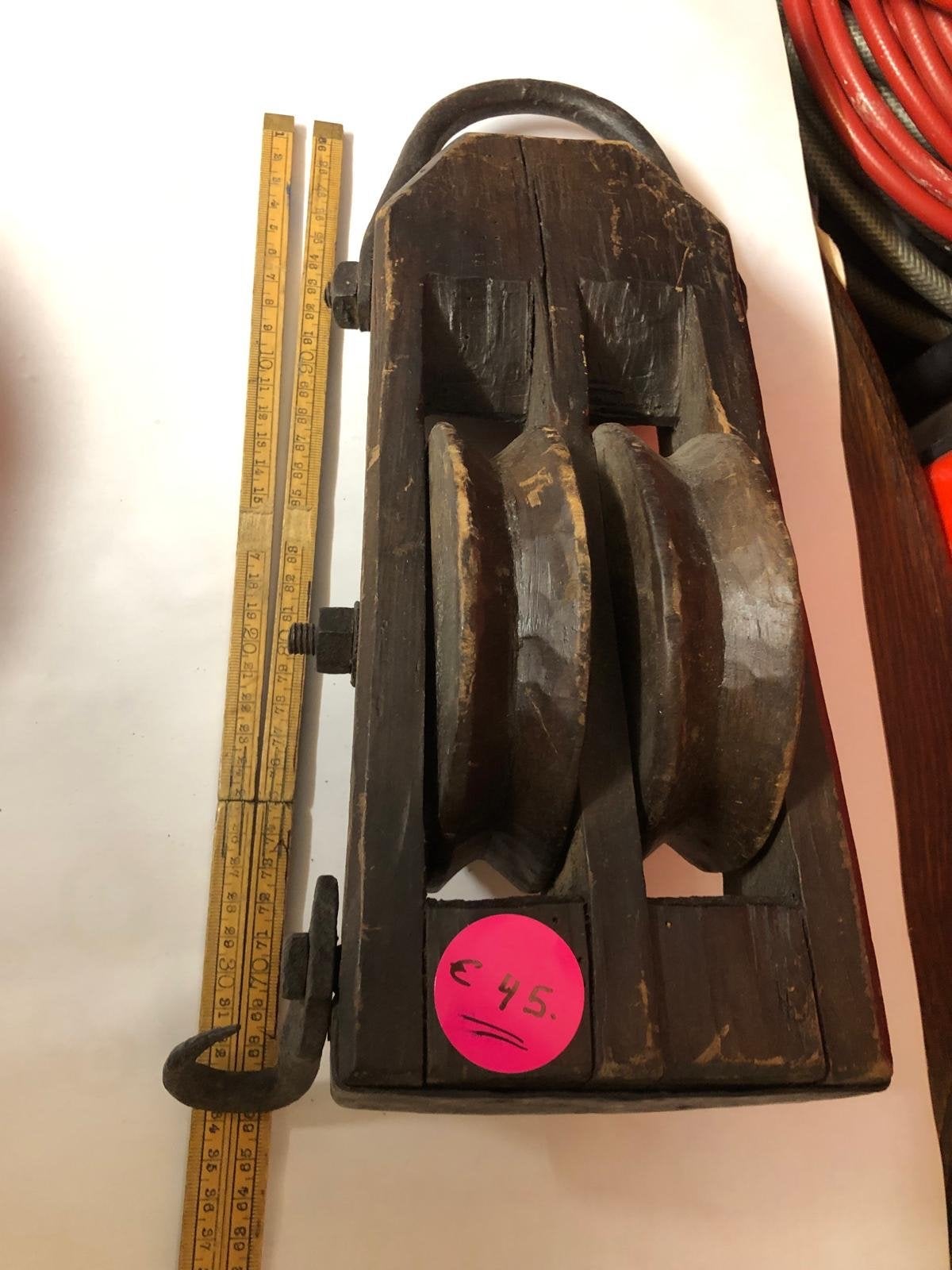 Antieke houten katrol met twee wielen, Ophalen of Verzenden