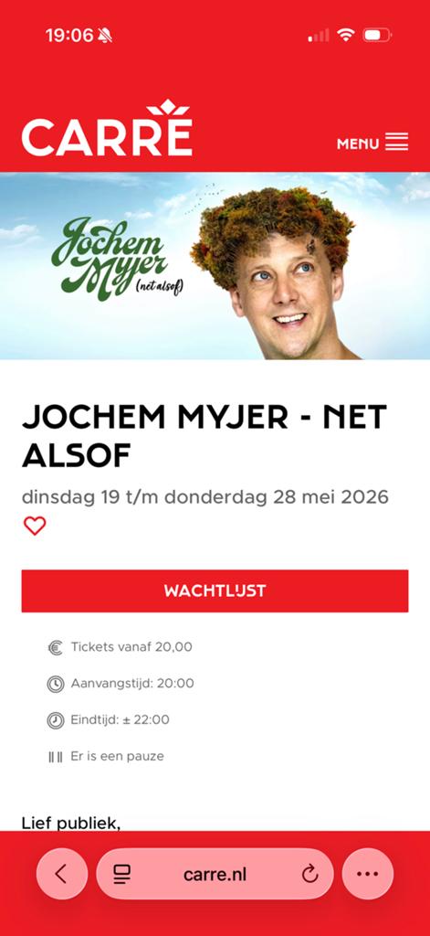 Jochem Meyer kaartje te koop - di 19 mei Carré, Tickets en Kaartjes, Eén persoon, Mei