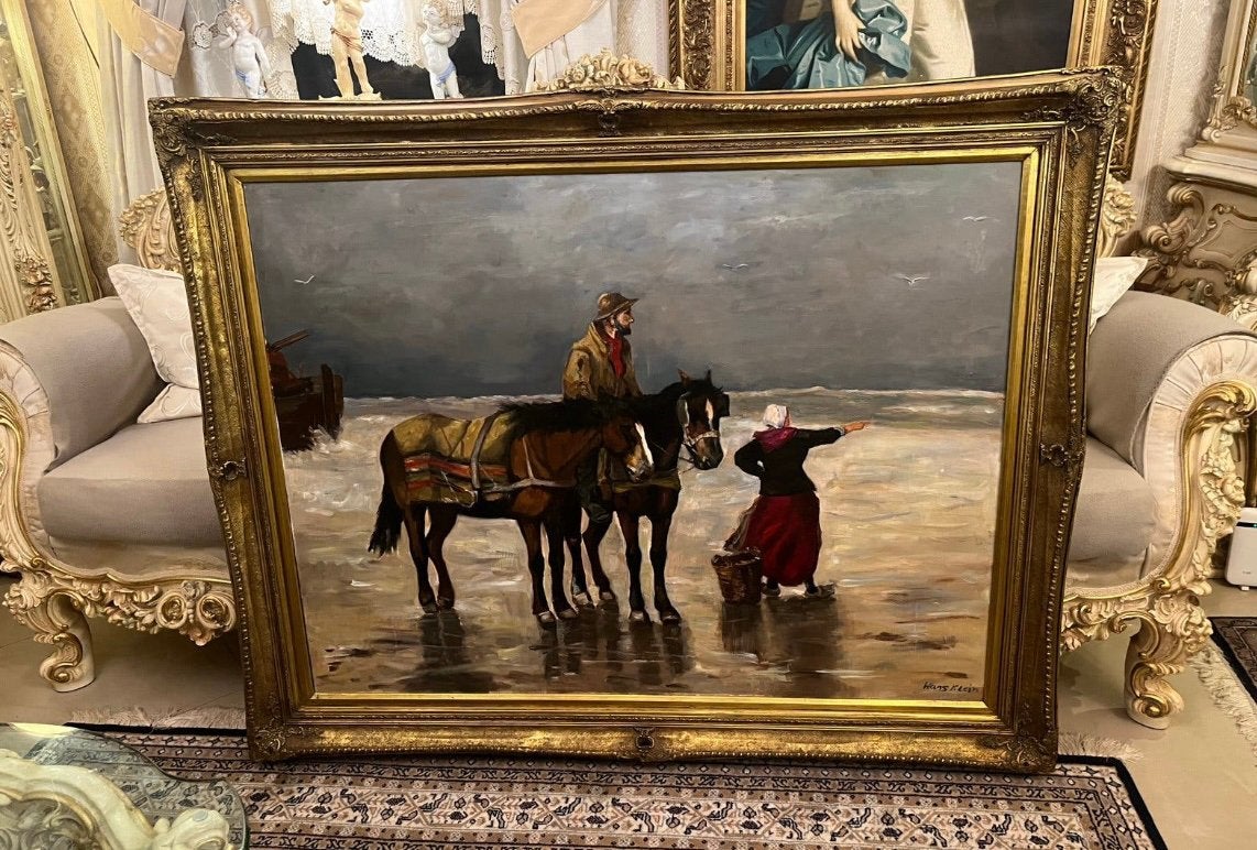 Groot olieverf schilderij vissers bij zee, Ophalen