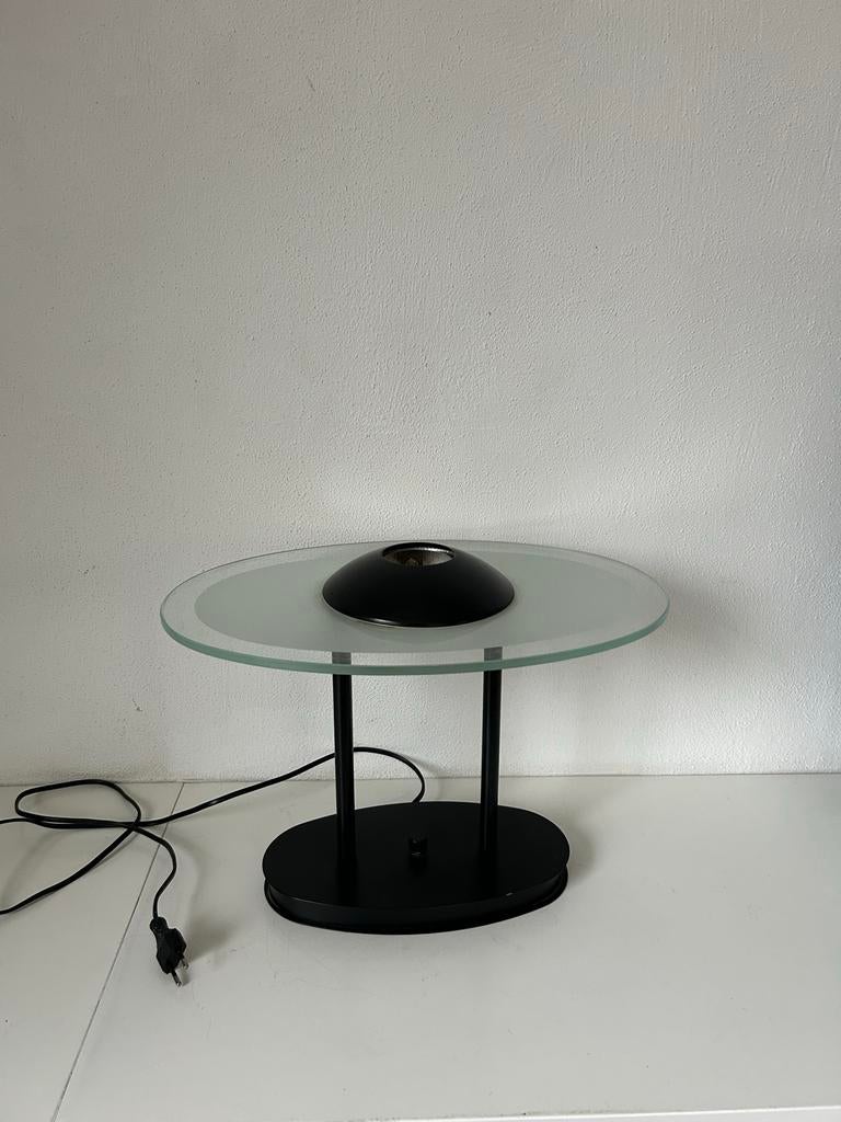 Postmoderne UFO Space Age Tafellamp - Glas en Metaal, Ophalen of Verzenden, Gebruikt, Glas, Minder dan 50 cm