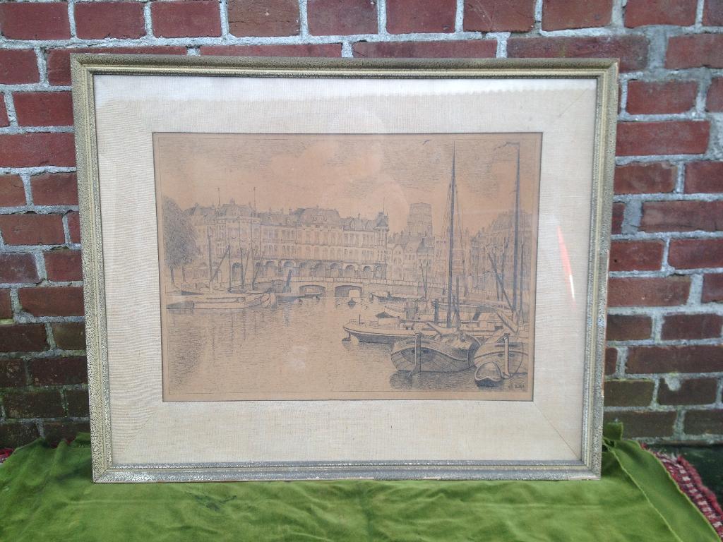 Antieke gravure, gezicht op Grote kerk, gedateerd 1918., Antiek en Kunst, Kunst | Etsen en Gravures, Ingelijst, Stadsgezicht, 80 cm