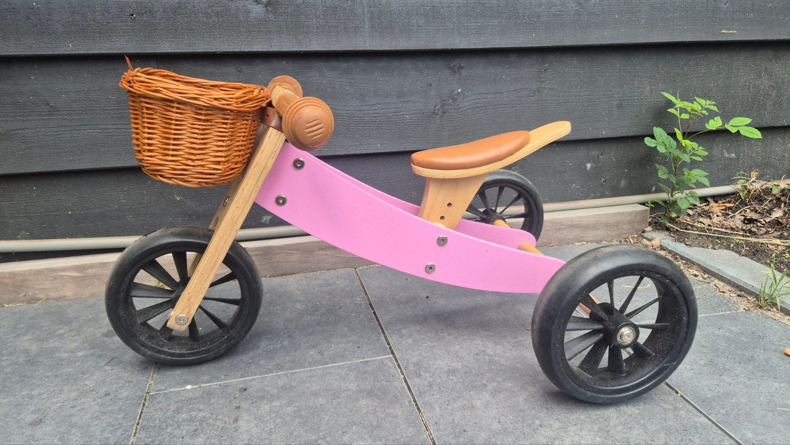 Roze houten loopfiets met mandje, Ophalen, Gebruikt, Minder dan 16 inch
