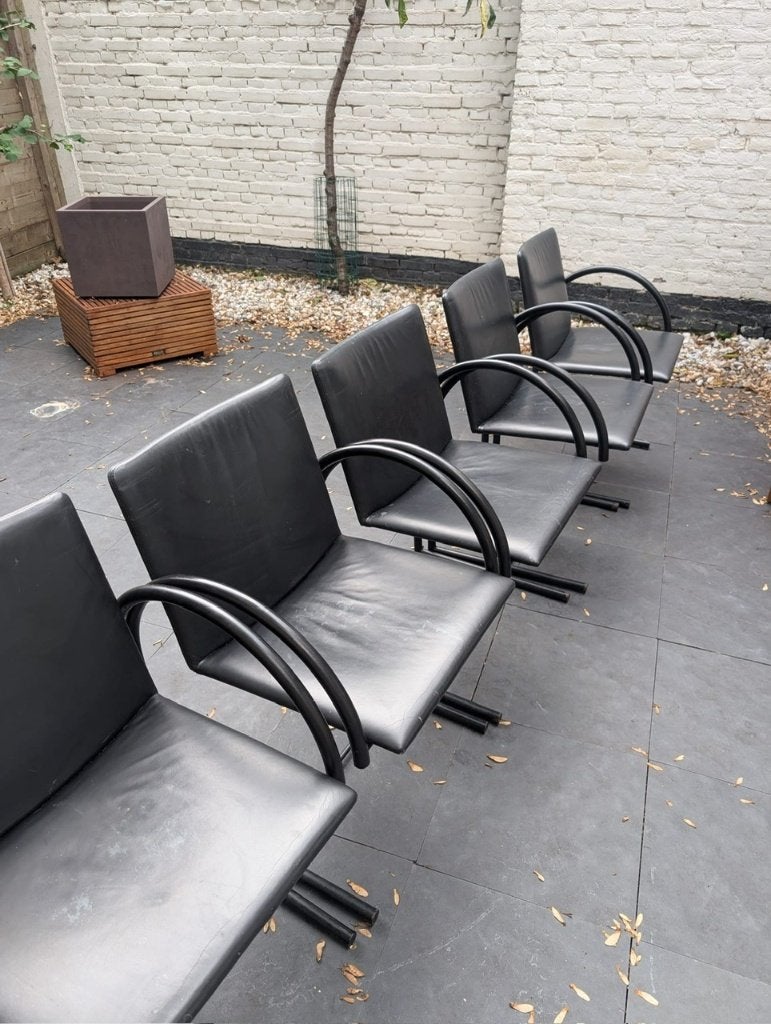 6x Zeldzame Leolux Jaren 80 Design Stoelen - Zwart Leer, Ophalen, Postmodernism / 80s avant-garde design, Zwart, Leer