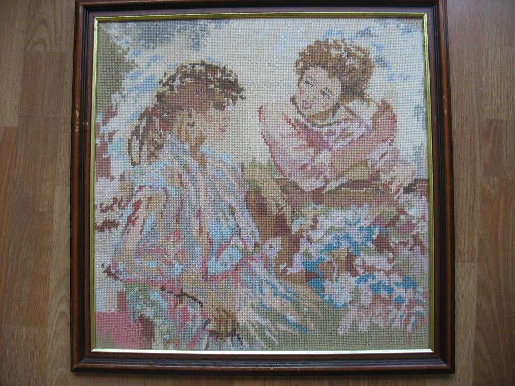 Schilderij Hand Geborduurd Vriendinnen Nummer 2 Vintage, Ophalen, Handborduren, Overige typen