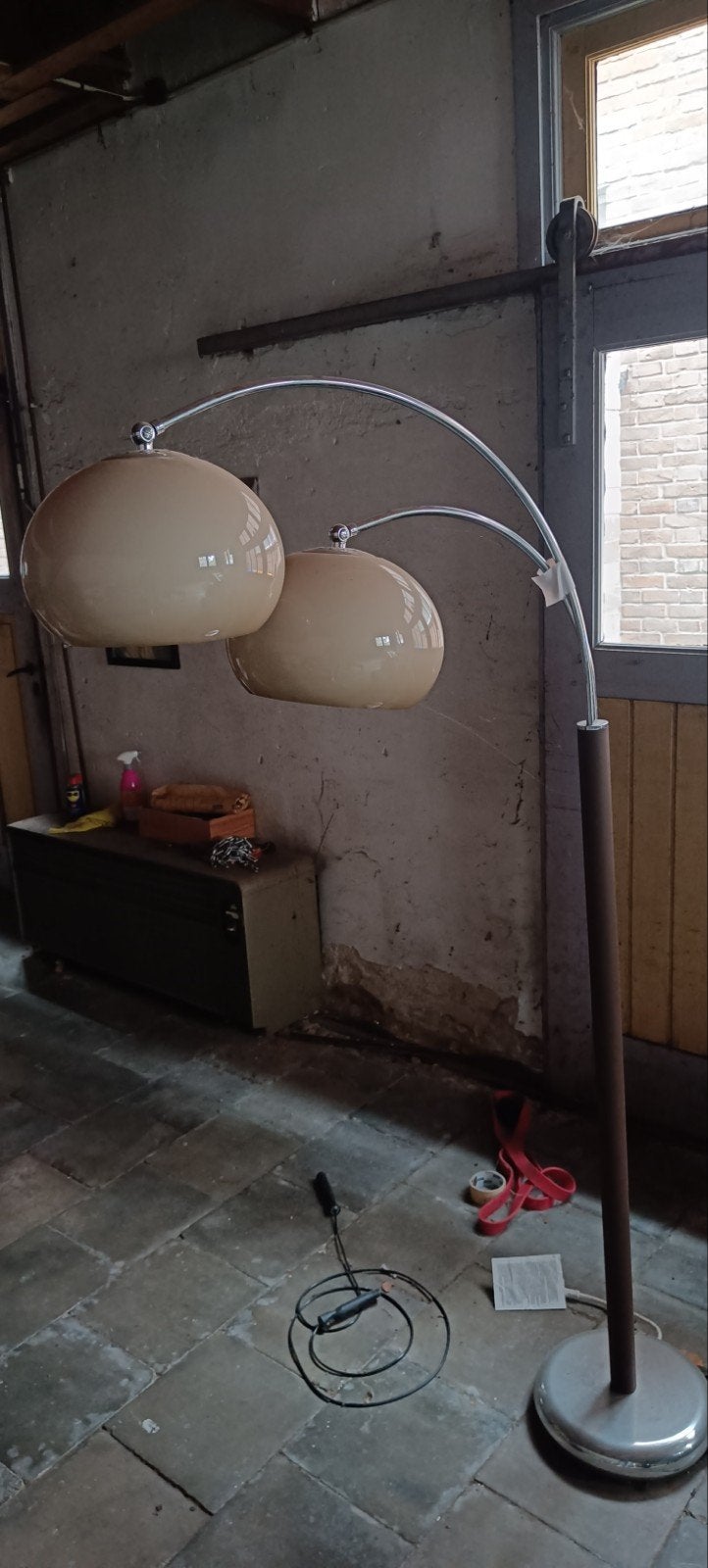 Vintage Dijkstra Booglamp met Dubbele Kap - Jaren '70 Stijl, Ophalen, Gebruikt, E27 (groot), Glas