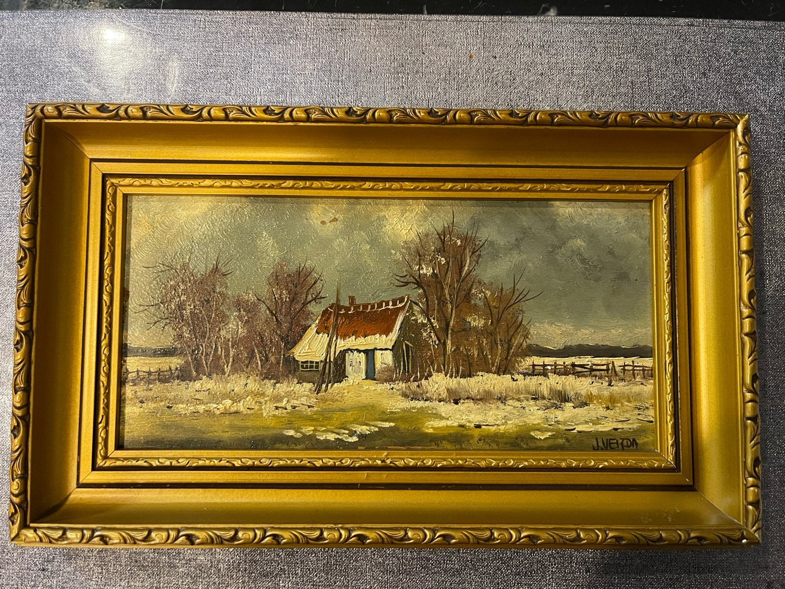 Schilderij J. Veleda - Winterlandschap met boerderij, Ophalen, Paneel, Realistisch, Gesigneerd