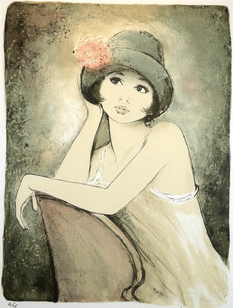 75. Kleurenlitho, Bernard Charoy - portret jonge vrouw, Ophalen of Verzenden