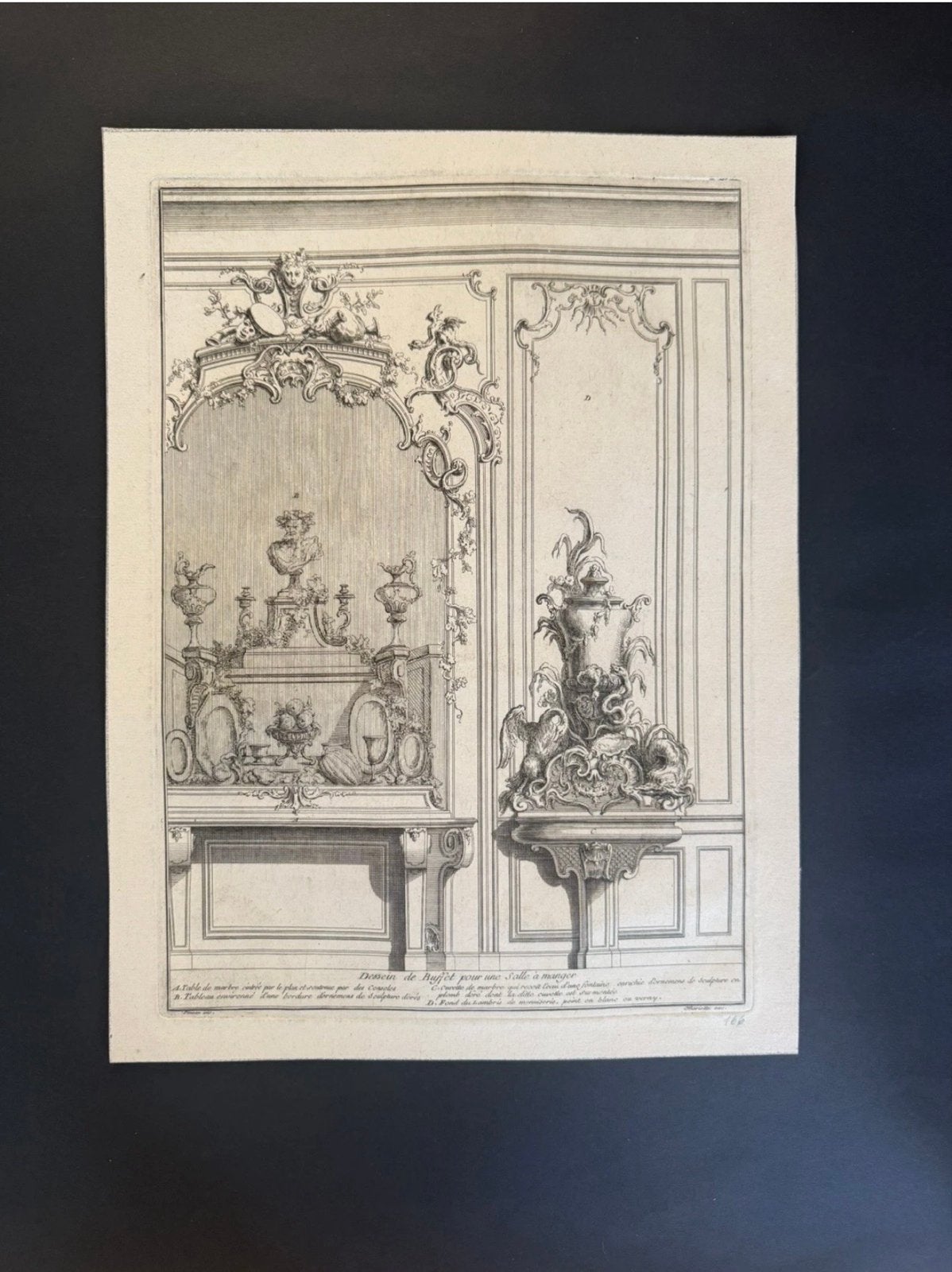 Antieke Franse Rococo Interieur Gravure Buffet Ontwerp, Antiek en Kunst, Architectuur, Ophalen of Verzenden, Gravure, Origineel