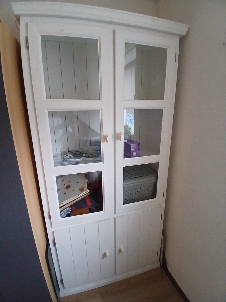 Landelijke Witte Buffetkast / Vitrinekast (Hout) – glas, Ophalen, Gebruikt, Glas, 150 tot 200 cm