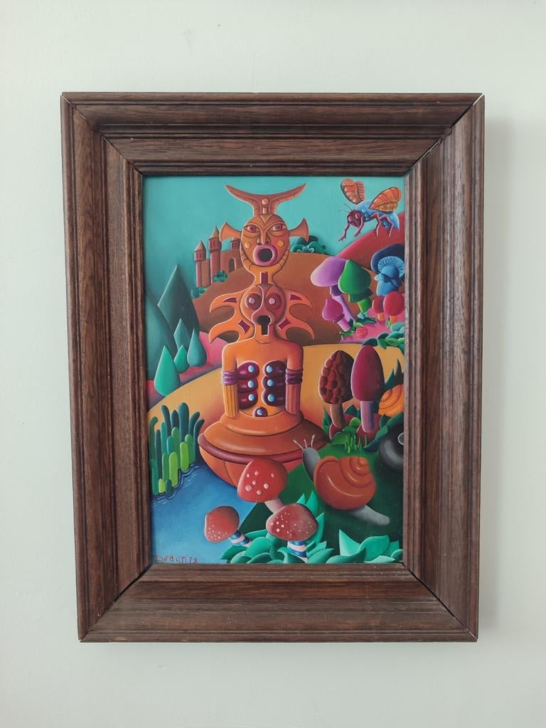 Zwaan '77 psychedelisch schilderij in houten frame, Antiek en Kunst, Kunst | Schilderijen | Klassiek, Ophalen