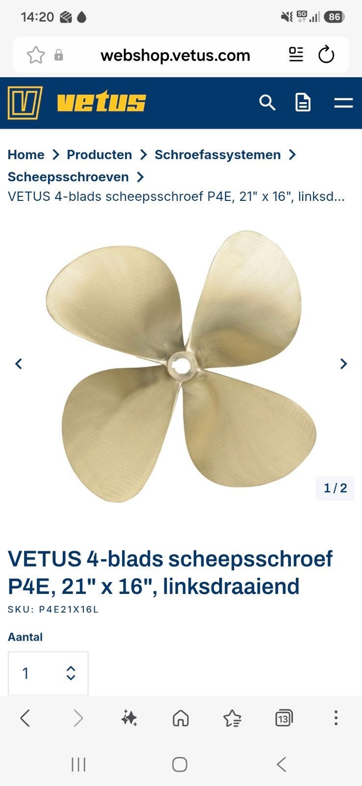 Gezocht: VETUS 4-blads scheepsschroef P4E, 21" x 16", linksd, Ophalen of Verzenden, Motor en Techniek, Motorboot