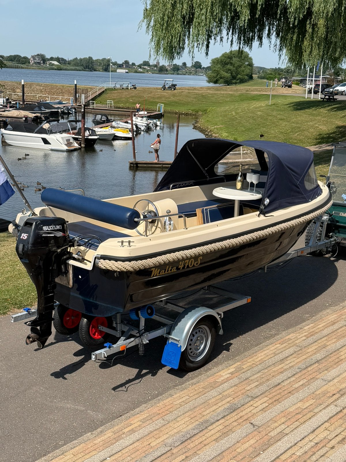 Malta 470 suzuki 15pk 4 takt inc nieuwe trailer nieuwstaat!, Ophalen, Zo goed als nieuw, Elektrische start