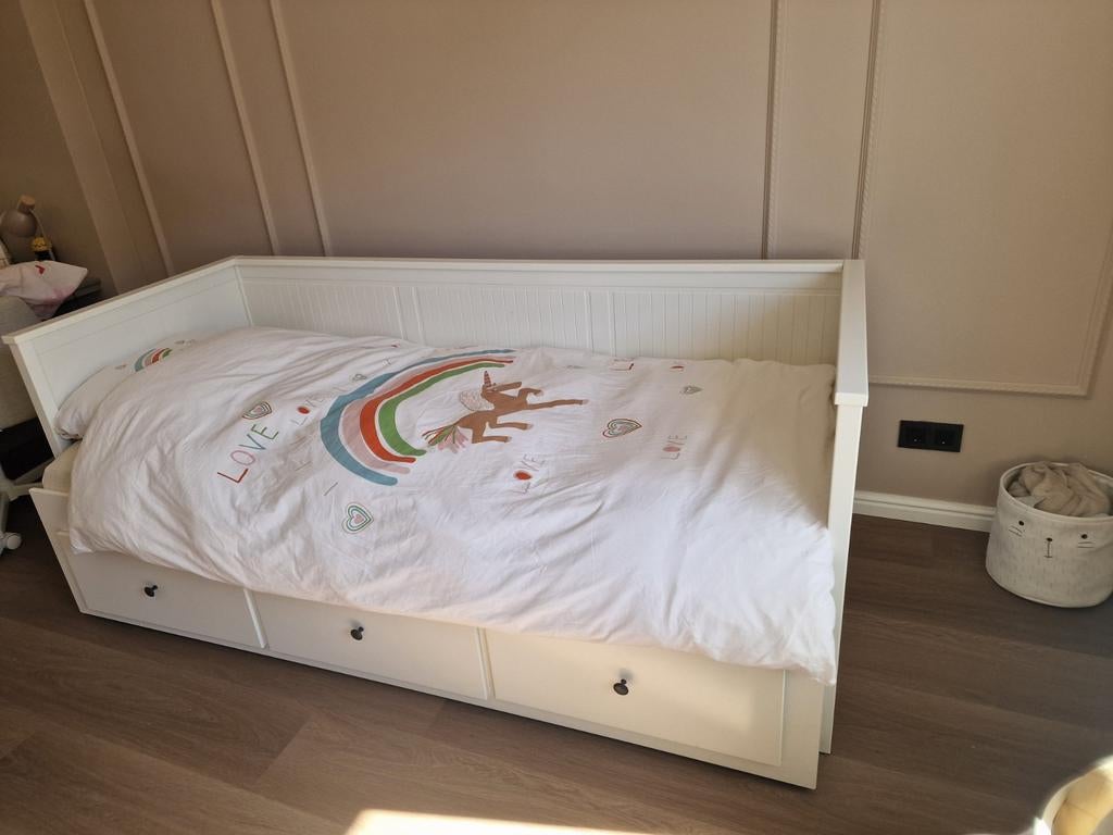 HEMNES Bedbank met 3 lades - wit, 80x200 cm, Huis en Inrichting, Slaapkamer | Bedden, Ophalen, Eenpersoons, Wit, Zo goed als nieuw