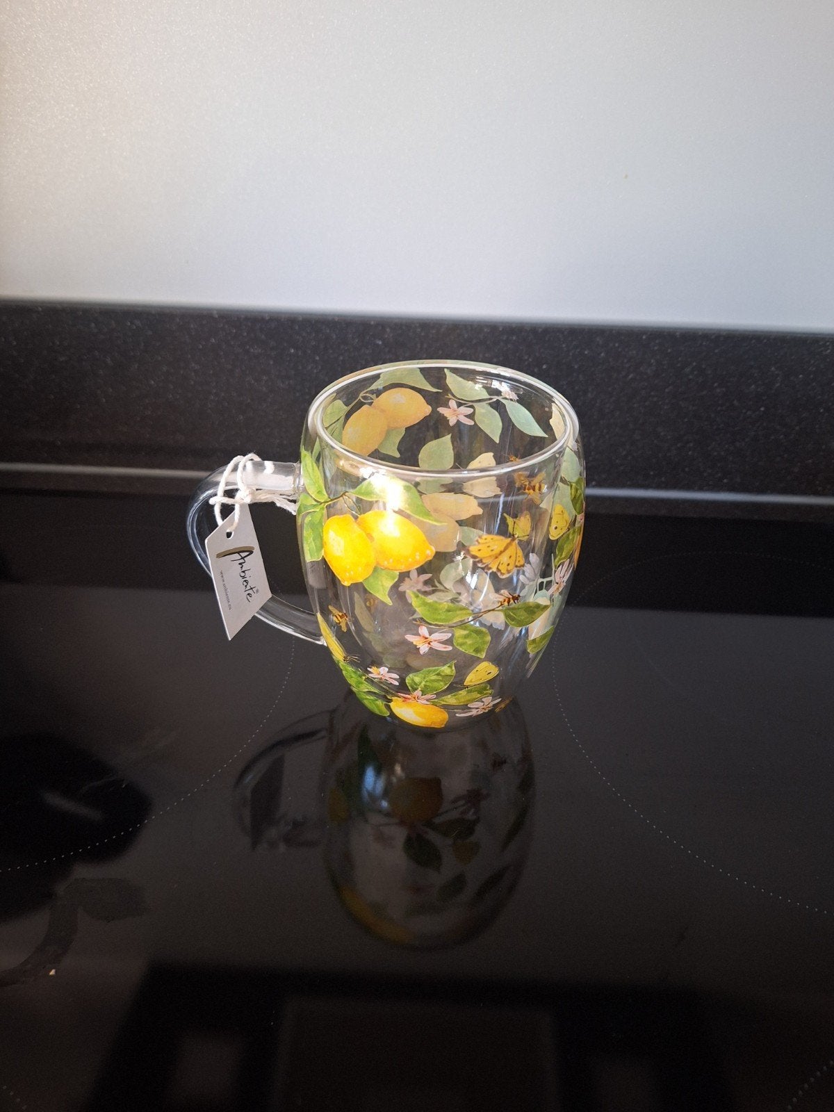 prachtig nieuw dubbelwandig theeglas met citroen opdruk, Nieuw, Ophalen of Verzenden, Glas, Overige stijlen