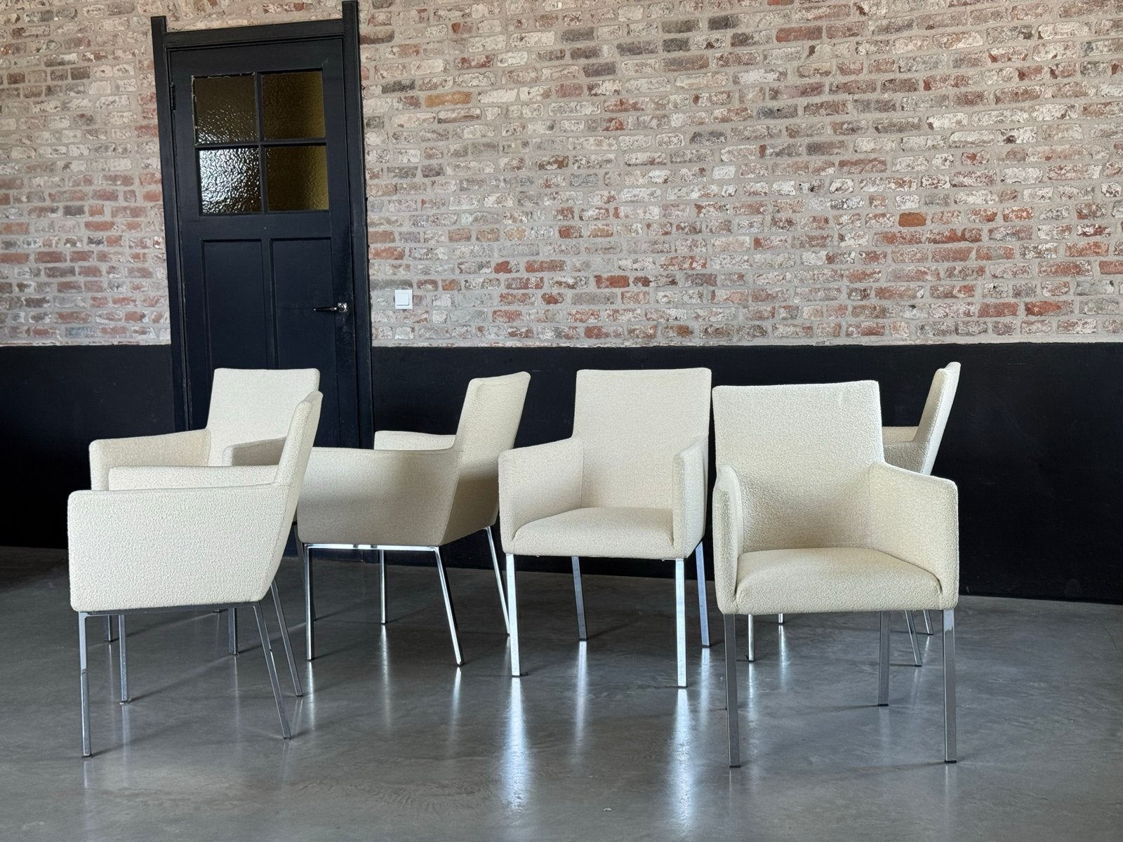 Set van 6 Van Bennekom eetkamerstoelen - Crème stof, Huis en Inrichting, Stoelen, Zo goed als nieuw, Vijf, Zes of meer stoelen