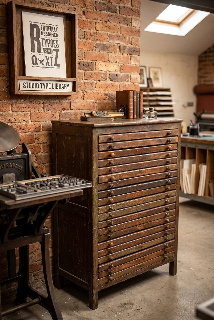 Oude drukkerijkast / letterkast met originele loodletters, Antiek en Kunst, Ophalen