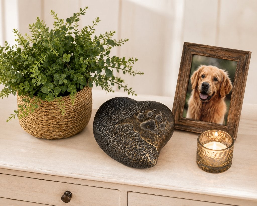bronzen urn / URN MET AFDRUK VAN EEN HONDENPOOT / ASURN, Nieuw, Info@huisentuindecoratiemarie.nl, Huis en tuin decoratie marie
