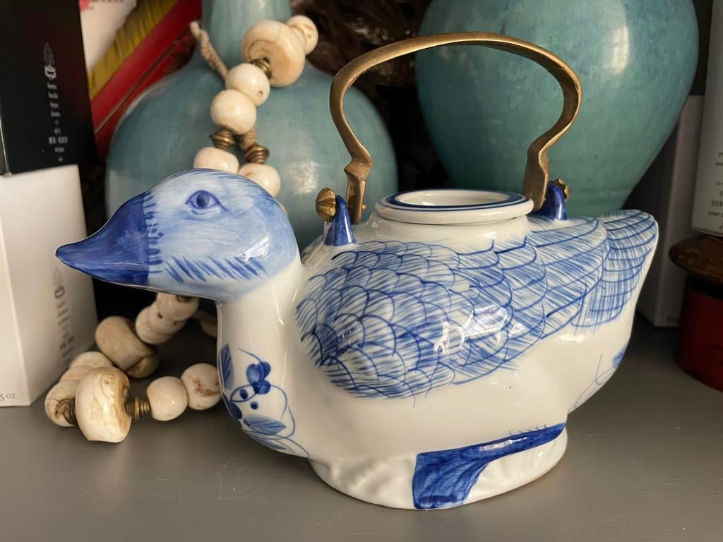 Vintage theepot, vorm van een eend, blauw/wit, decoratief, Verzenden