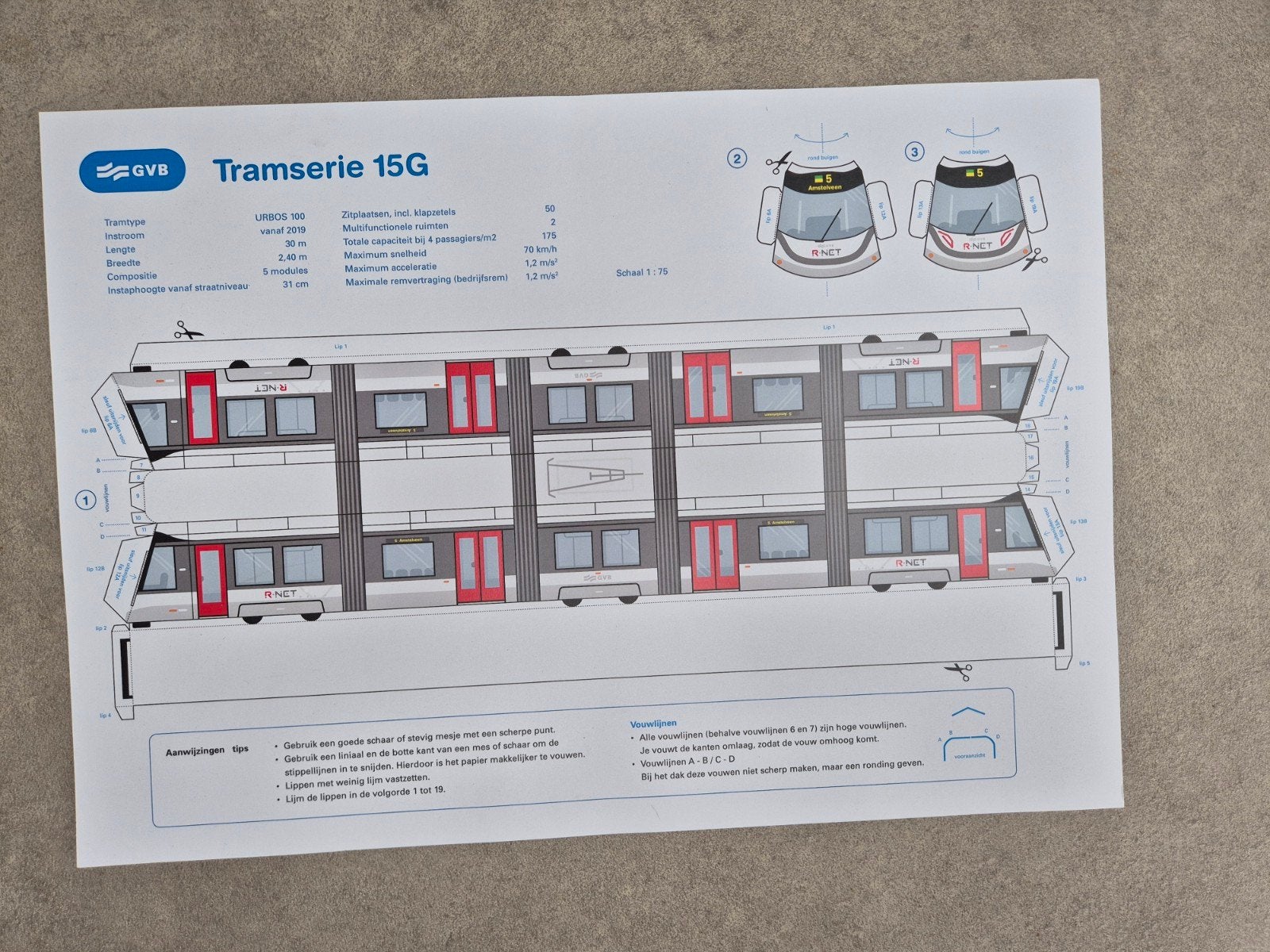 Bouwplaat GVB Tramserie 15G 1/75, Ophalen of Verzenden, Trein, Boek of Tijdschrift