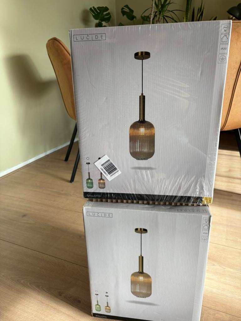 Amber hang lampen, Huis en Inrichting, Lampen | Hanglampen, Ophalen of Verzenden, Zo goed als nieuw, Glas, Minder dan 50 cm