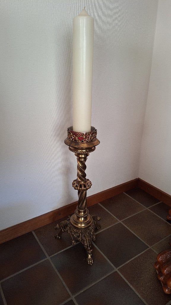 Antieke koperen kandelaar met kaars, Ophalen of Verzenden, Koper of Brons