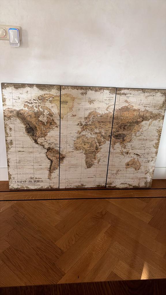 Mooi 3-luik schilderij wereldkaart - gaat weg ivm verhuizing, Ophalen, 125 cm of meer, Zo goed als nieuw, Schilderij