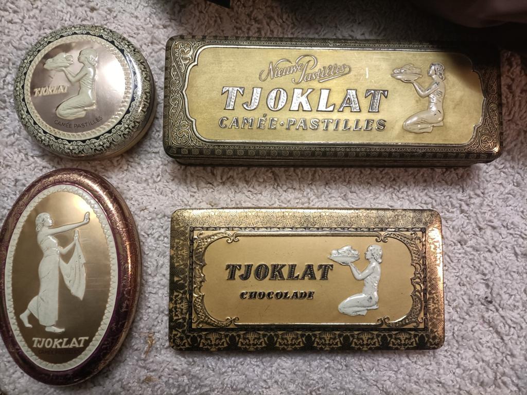 4 mooie vintage blikken Tjoklat chocolade en koffie, Verzamelen, Blikken, Ophalen of Verzenden, Gebruikt, Koek(jes), Overige merken