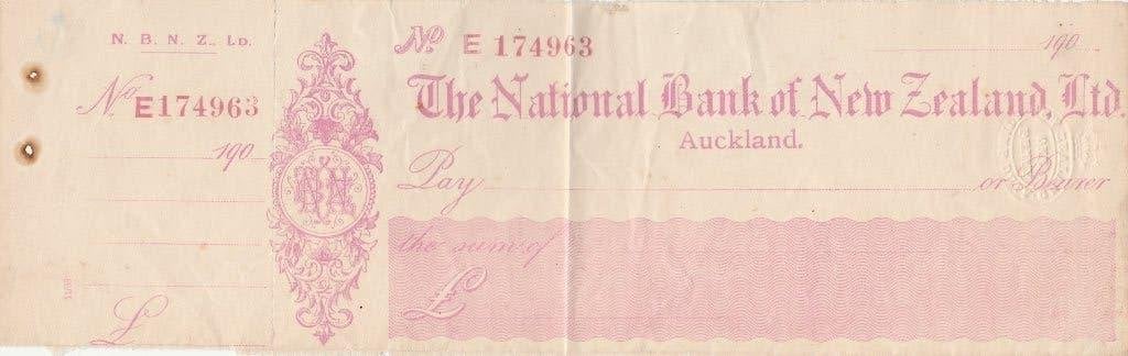CHEQUE NATIONAL BANK OF NEW ZEALAND 1900-1909, Verzamelen, Ophalen of Verzenden