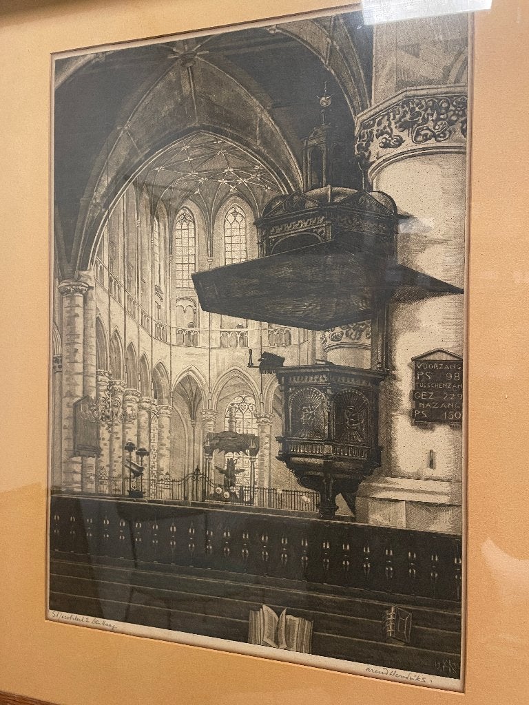 Interieur St. Jacobskerk Den Haag ets van Arend Hendriks, Antiek en Kunst, Kunst | Etsen en Gravures, Ophalen, Ingelijst, Ets