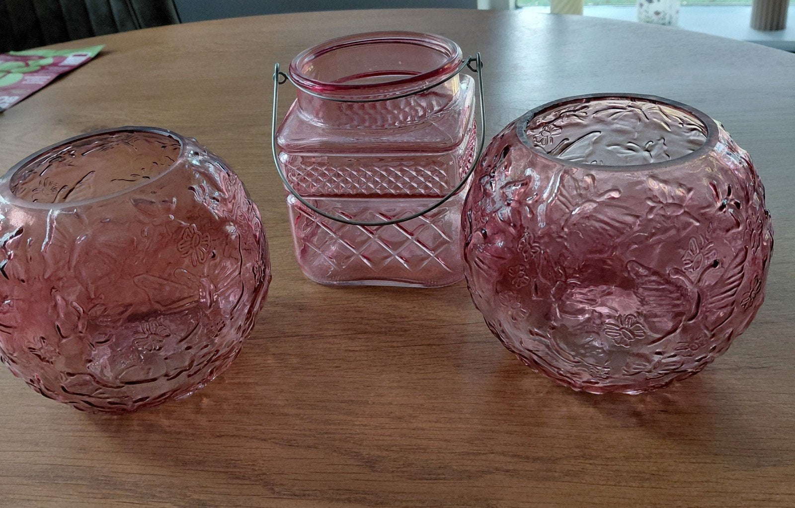 3 leuke, glazen roze vaasjes / waxine licht., Ophalen, Gebruikt, Roze, Glas