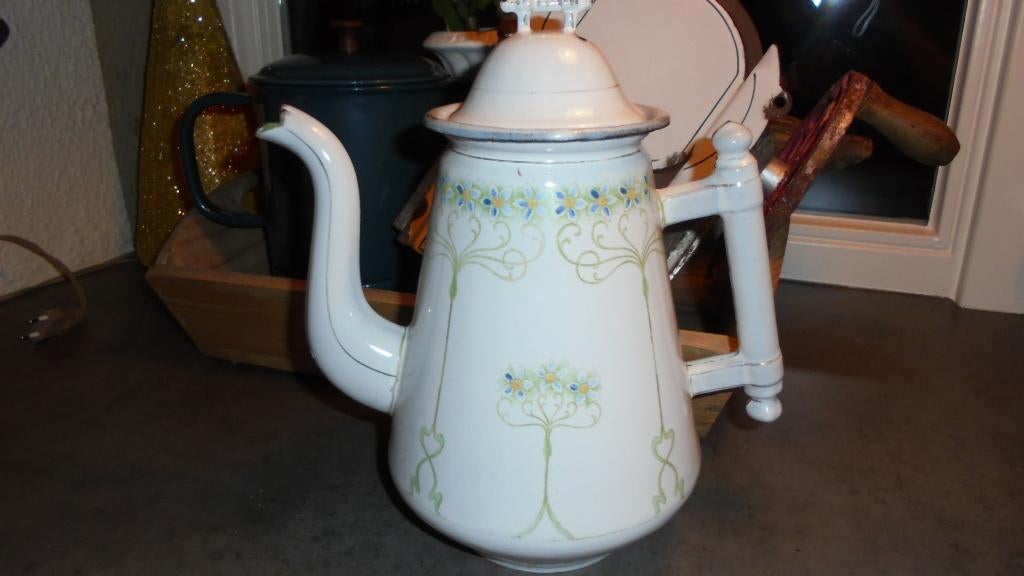grote emaille koffiekan met luciferhandvat H27cm, Ophalen of Verzenden