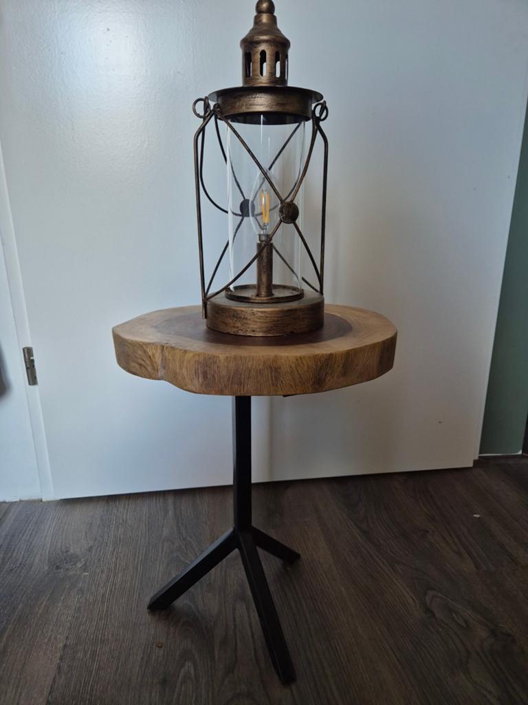 Bijzettafel met houten blad en stalen poten - 40cm hoog, Ophalen, Zo goed als nieuw, Ovaal, Minder dan 45 cm