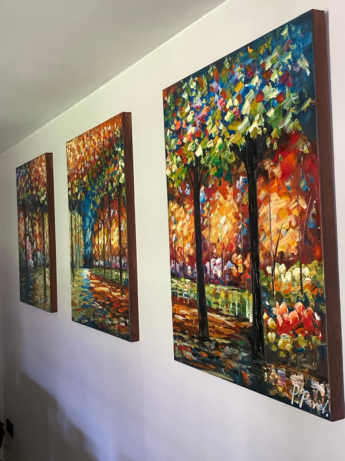 Schilderij P. Parel - Kleurrijk Boslandschap (3-luik), Antiek en Kunst, Landschap, Hout, Handgeschilderd, Ophalen of Verzenden