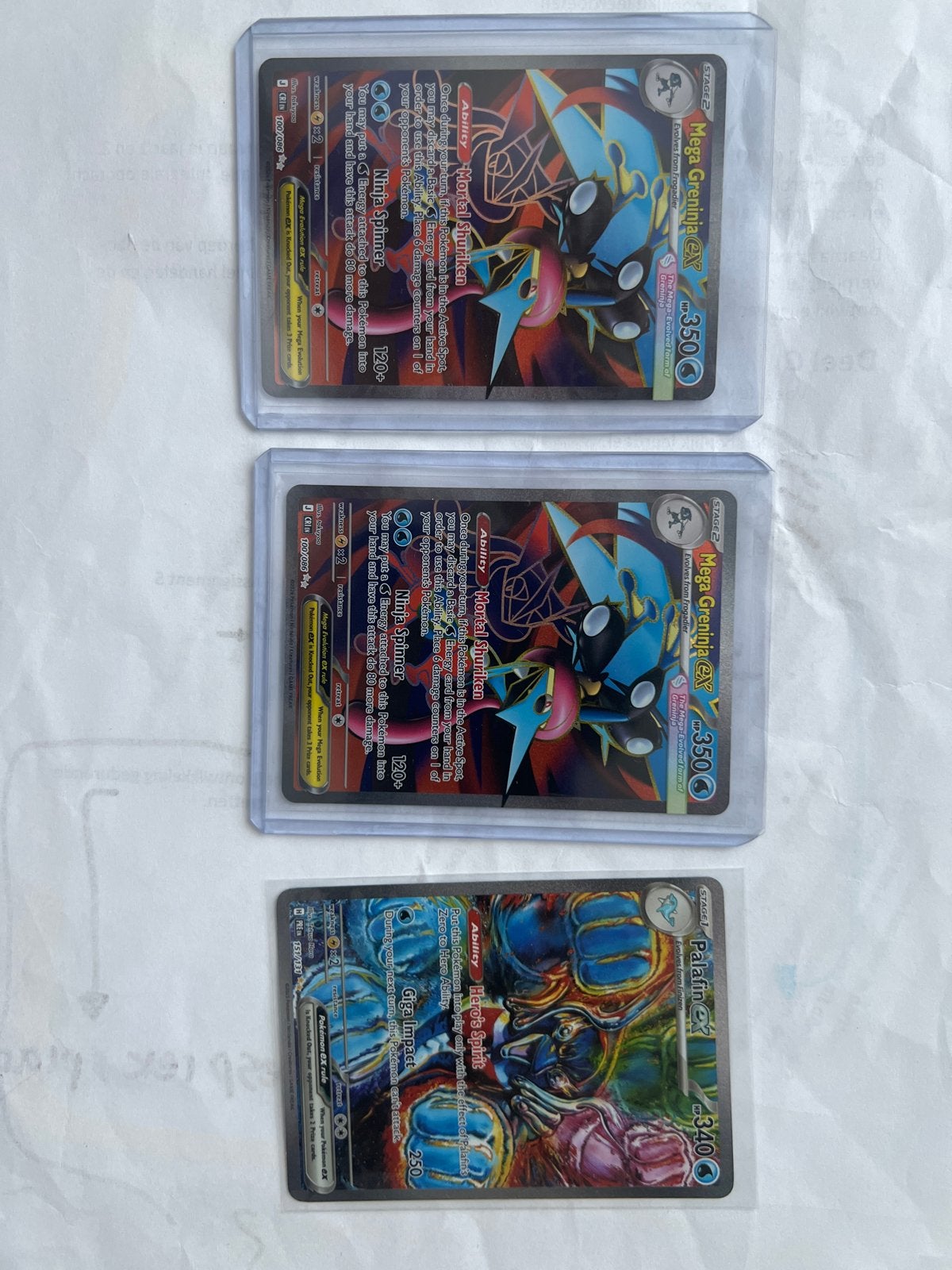 Mega Greninja EX & Palafin EX Pokémon kaarten, Ophalen, Zo goed als nieuw, Meerdere kaarten, Foil