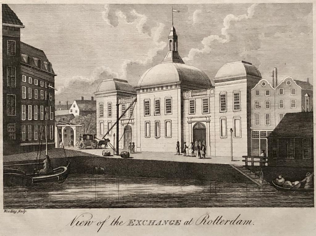 Kopergravure rond 1800 Rotterdam de Beurs, Antiek en Kunst, 1800 - 1899, Stadsgezicht, Ophalen of Verzenden, Gravure