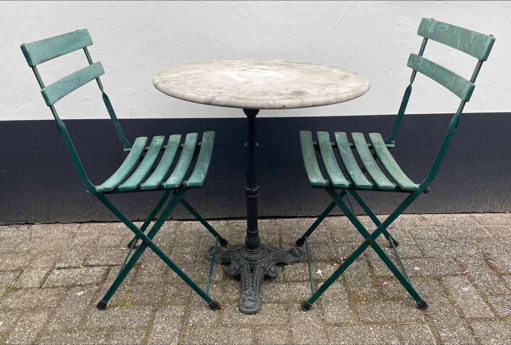 Vintage Bistro Set - Marmeren Tafel Groene ijzeren Stoelen, Ophalen, Gebruikt, Rond, Metaal